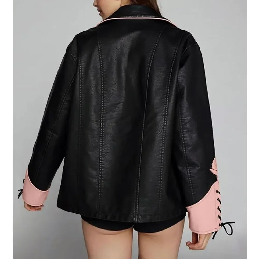 Maixang Oversized Faux Leather Embroidered Jackets Zip Up Motorcycle Coats